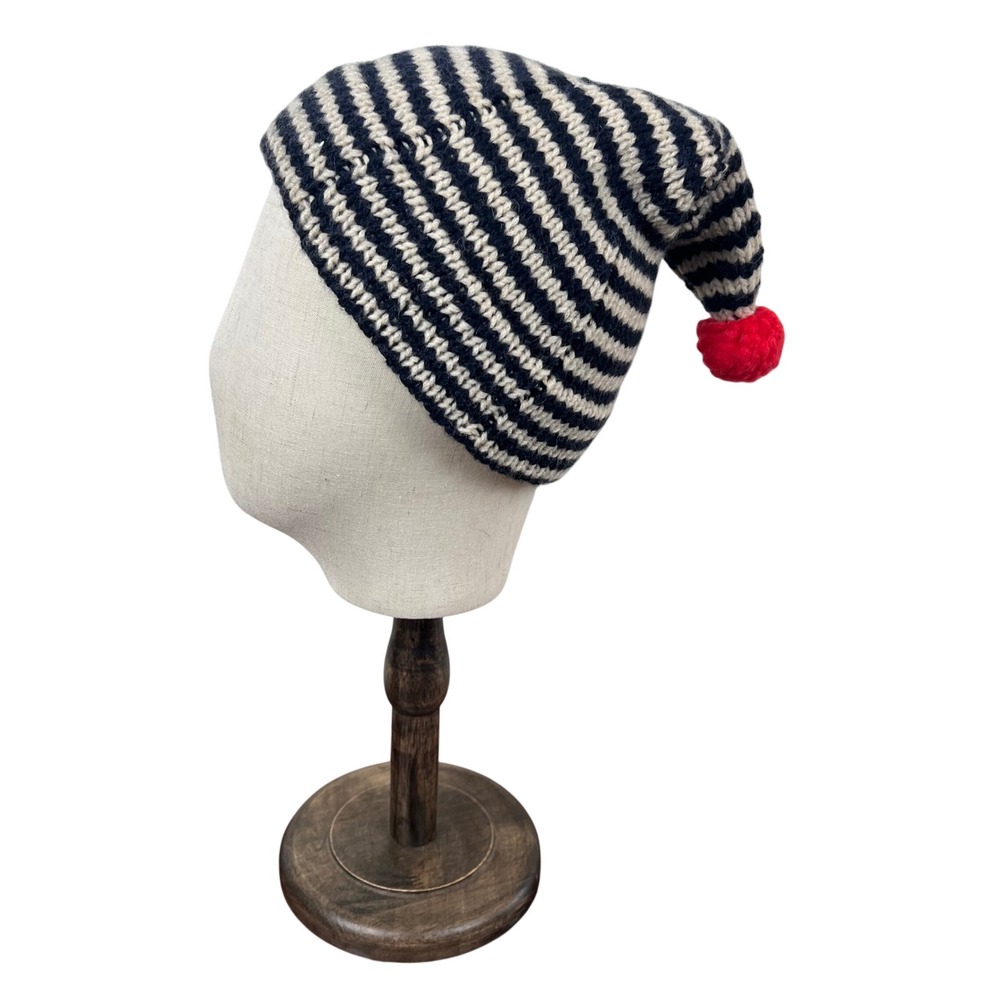 Grevi Firenze Italy Striped Wool Camel Knit Pom Beanie Hat Navy Elf Gnome Whimsy